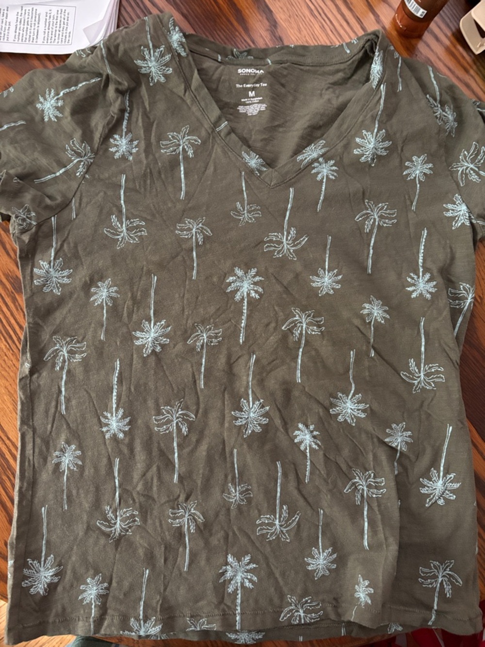 Sonoma Olive Green Palm-Print V-Neck Tee with Light Blue Motif